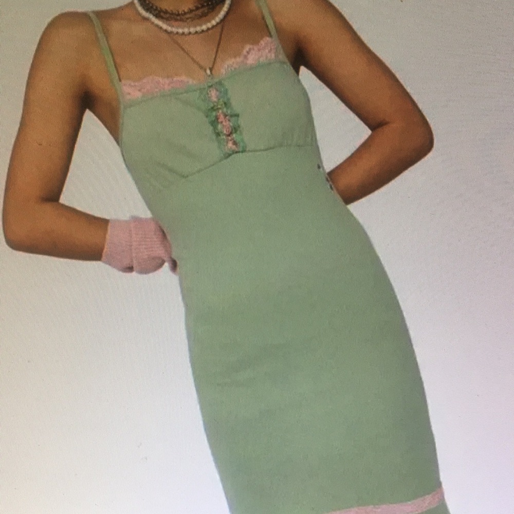 Green and Pink Lace Trim Dress